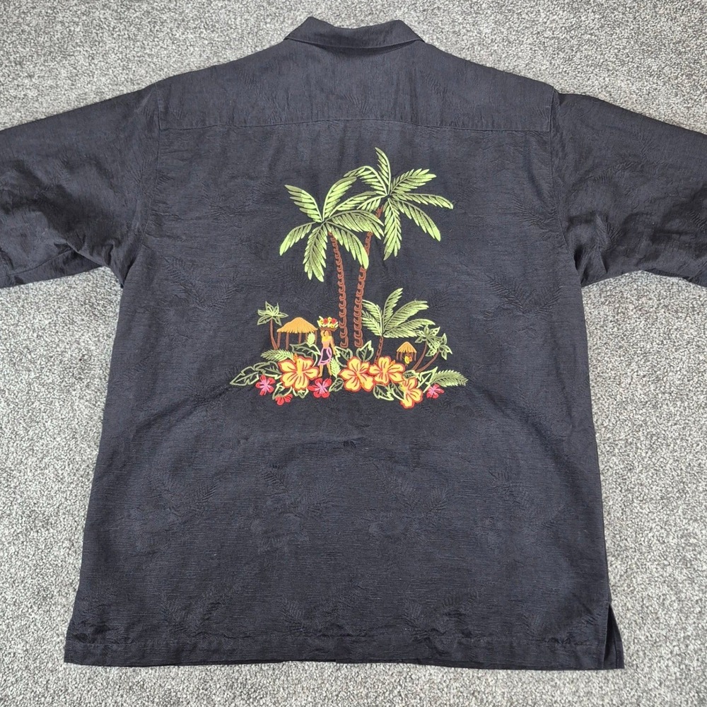 Eagle Dry Goods 100% Silk Hawaiian Shirt Mens Medium Black Embroidered Hula Palm